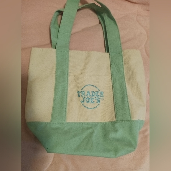 NWOT Trader Joe's Mini Pastel Canvas Tote Bag - Lavender w/Pink Embroidery - Picture 1 of 4